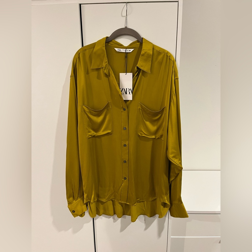 NWT - Zara Women's Chartreuse Satin Button-Down Shirt